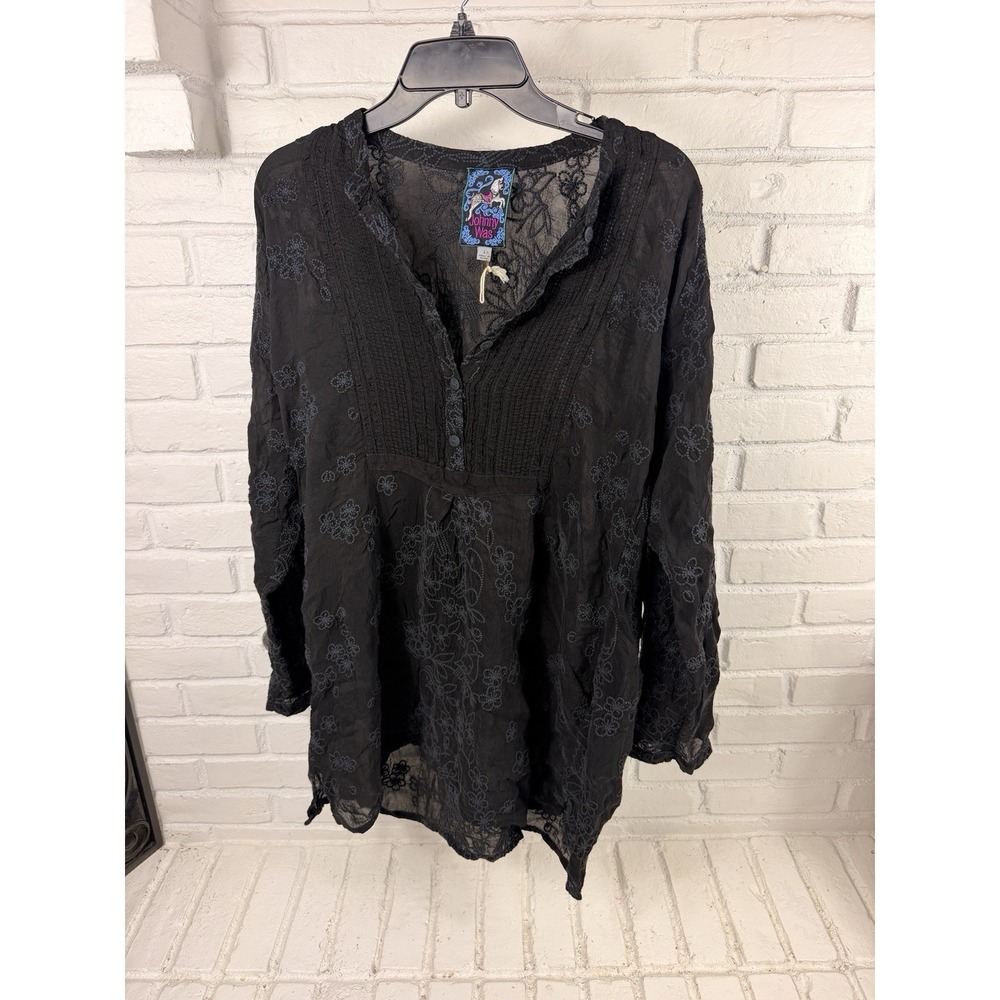 Boho Johnny Was Size L Black Sheer Embroidered Floral Tunic Blouse NWOT